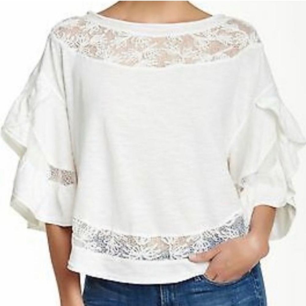 Free People Love Affair Lace Ruffle Bell Sleeve Top Ivory - Size Small